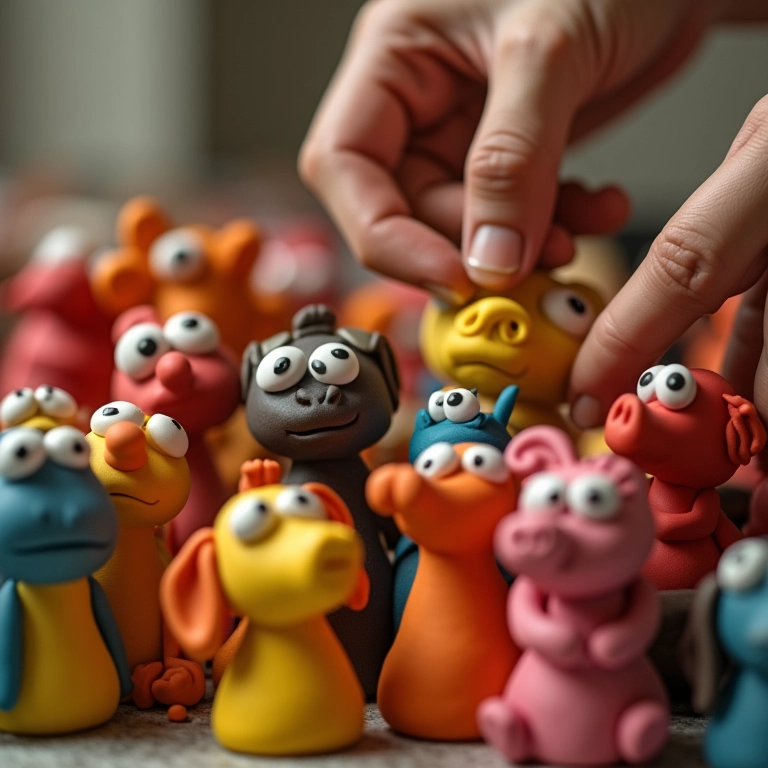 Mãos habilidosas modelando personagens de biscuit expressivos.