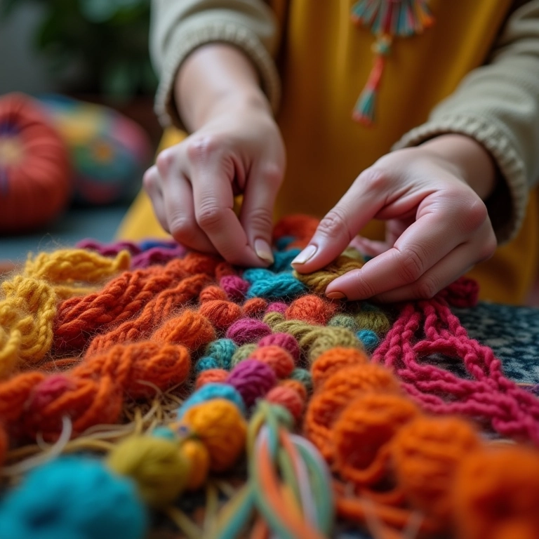 Mãos habilidosas tecendo uma mandala de fios coloridos em um lar brasileiro aconchegante.