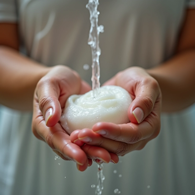 Mãos lavando com água e sabão.