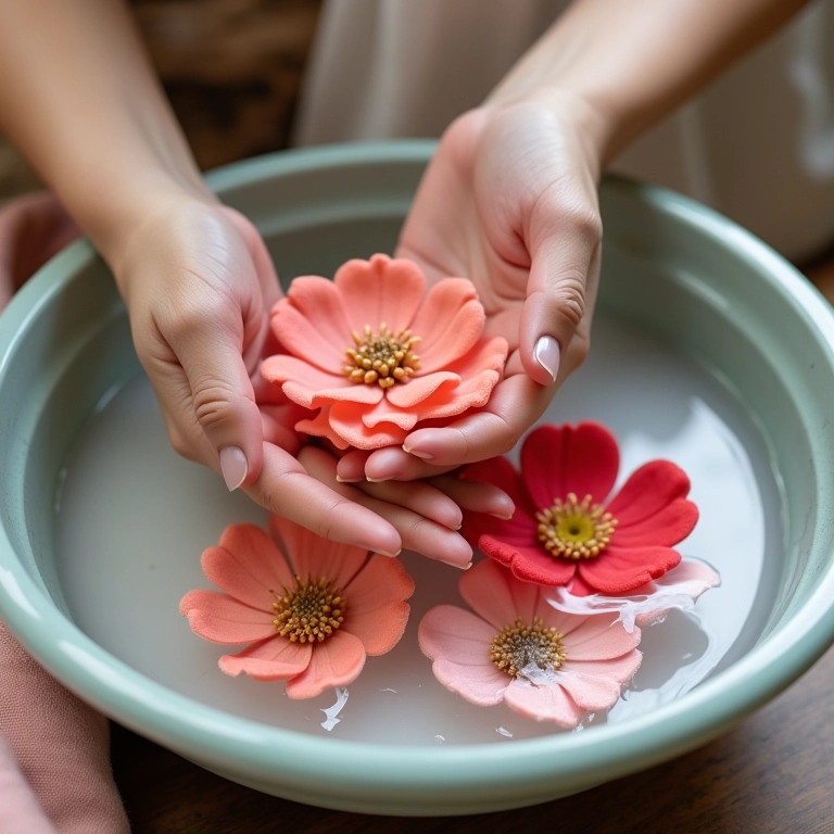 Mãos lavando delicadamente flores de feltro em uma bacia com água e sabão.