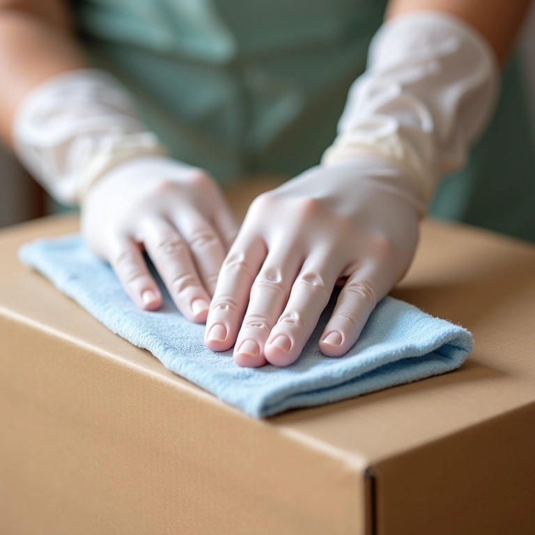 Mãos limpando delicadamente uma caixa de cartonagem com pano macio.