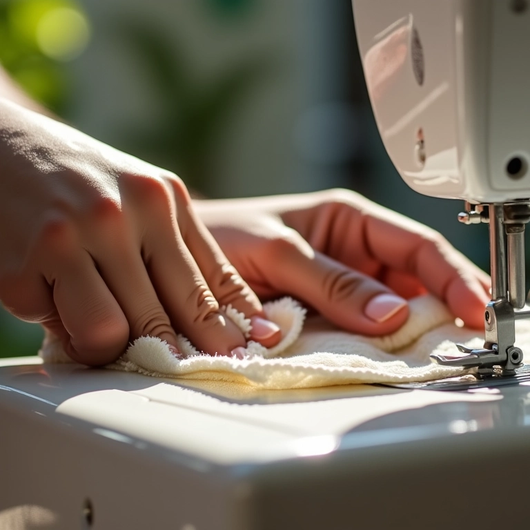 Mãos limpando máquina de costura com escova pequena