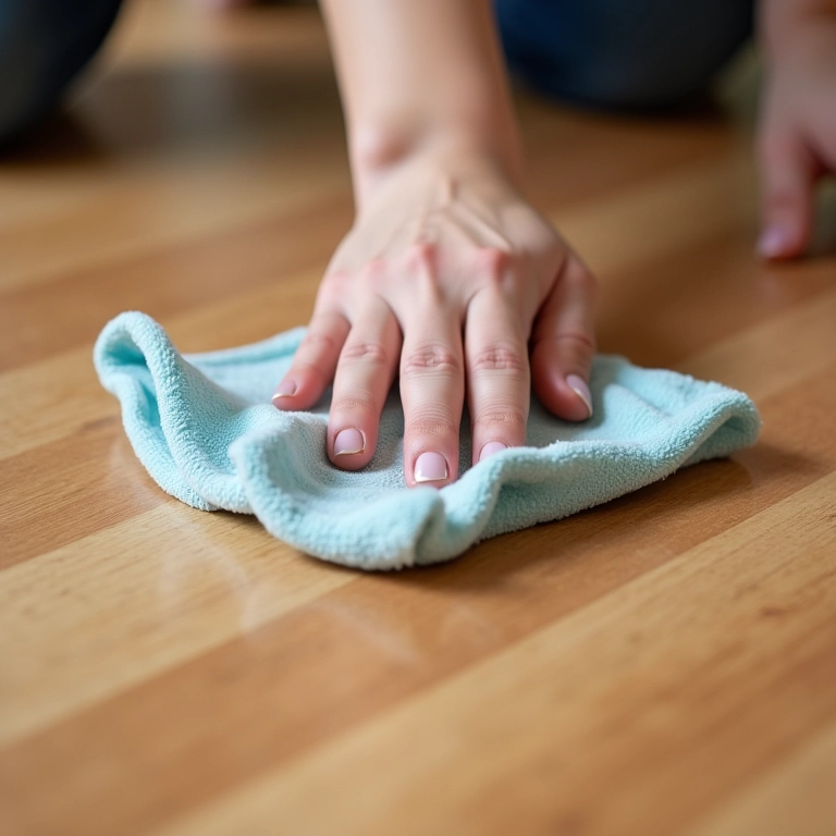 Mãos limpando piso laminado encardido, mostrando a diferença entre antes e depois da limpeza.