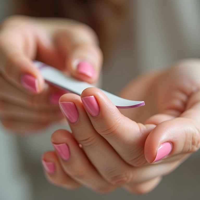 Mãos lixando as unhas com técnica correta, mostrando a importância do formato ideal.