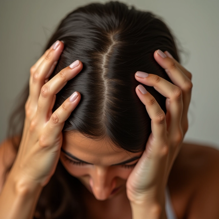 Mãos massageando azeite de oliva no couro cabeludo feminino.