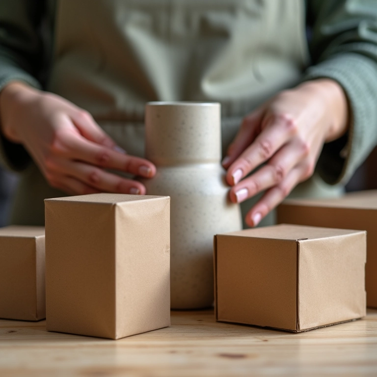 Mãos medindo vaso de cerâmica para escolher a caixa ideal para embalagem.