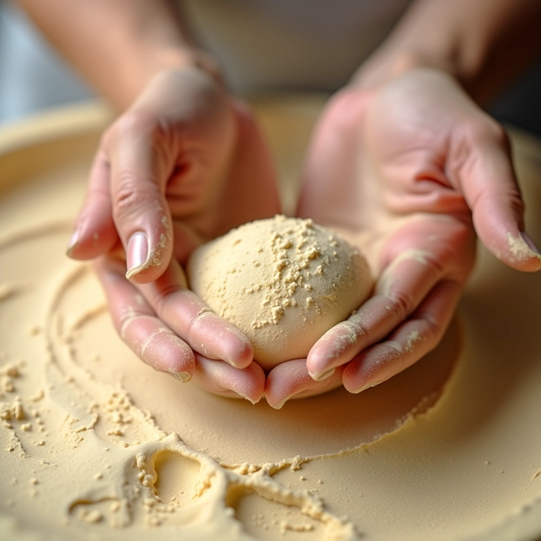 Mãos misturando biscuit com amido de milho Maizena.