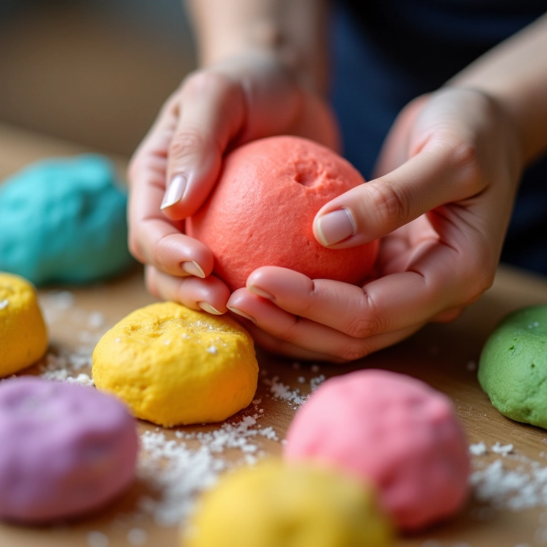 Mãos modelando massa de biscuit colorida com tons vibrantes.