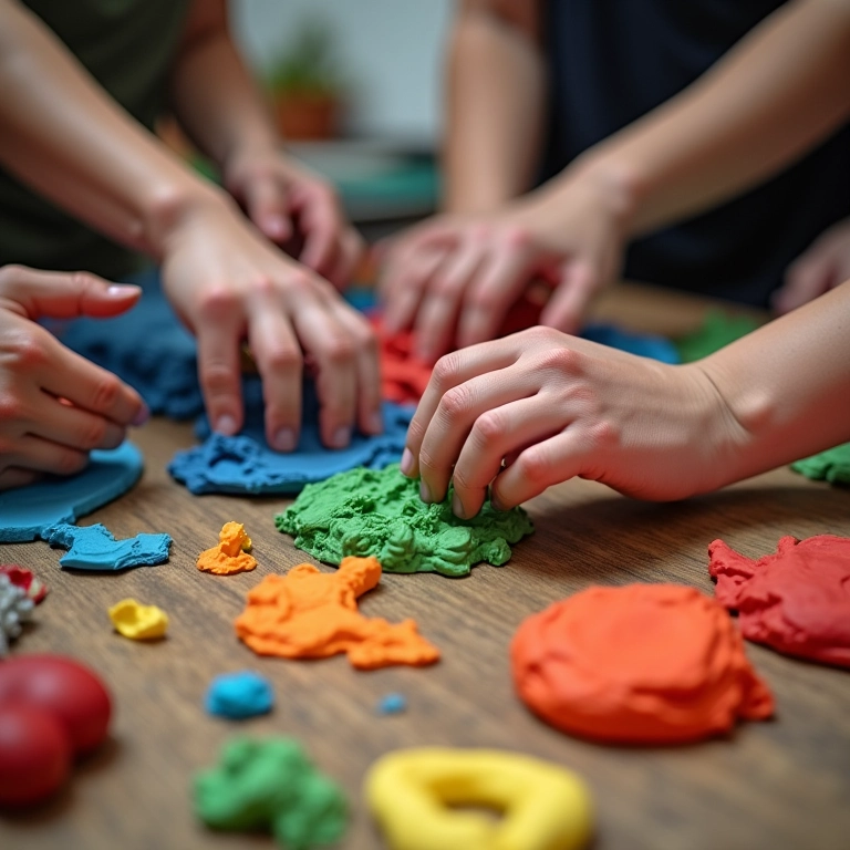 Mãos moldando massinha colorida, texturas divertidas e coordenação em ação.