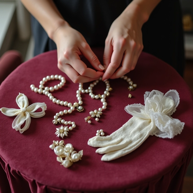 Mãos organizando colares de pérolas, presilhas de cabelo com laço e luvas de renda.