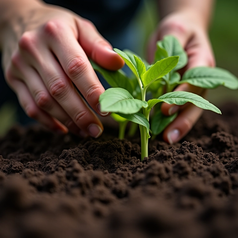Mãos plantando mudas no solo, com foco na escolha do que plantar.