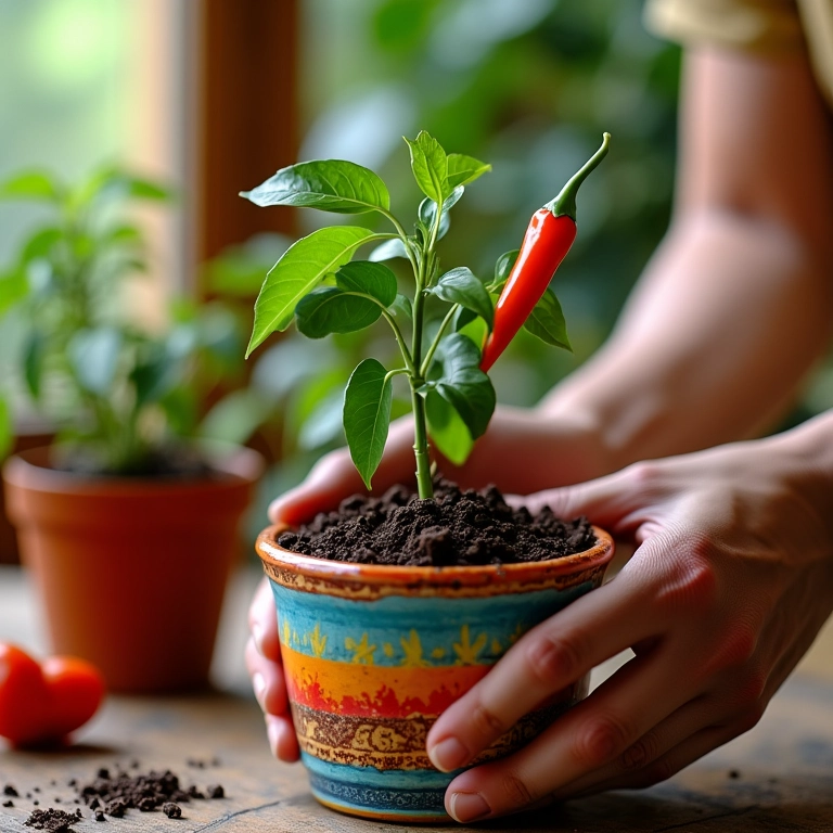 Mãos plantando pimenta em um vaso colorido.