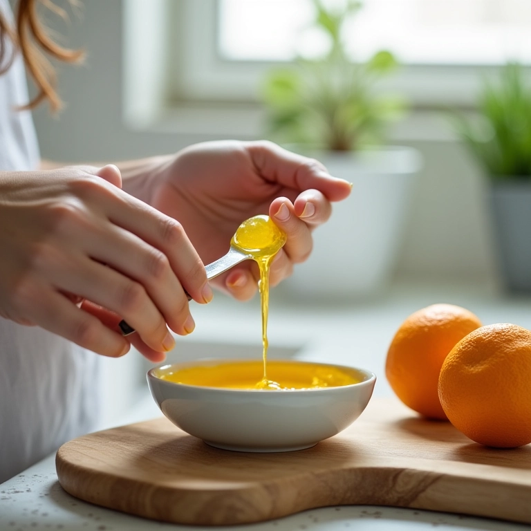 Mãos preparando máscara capilar caseira com ingredientes naturais.