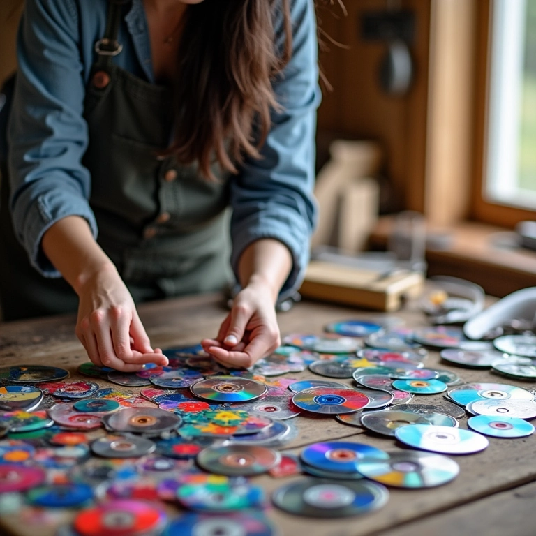 Mãos preparando mosaico de CD, com ferramentas e peças coloridas sobre a mesa.