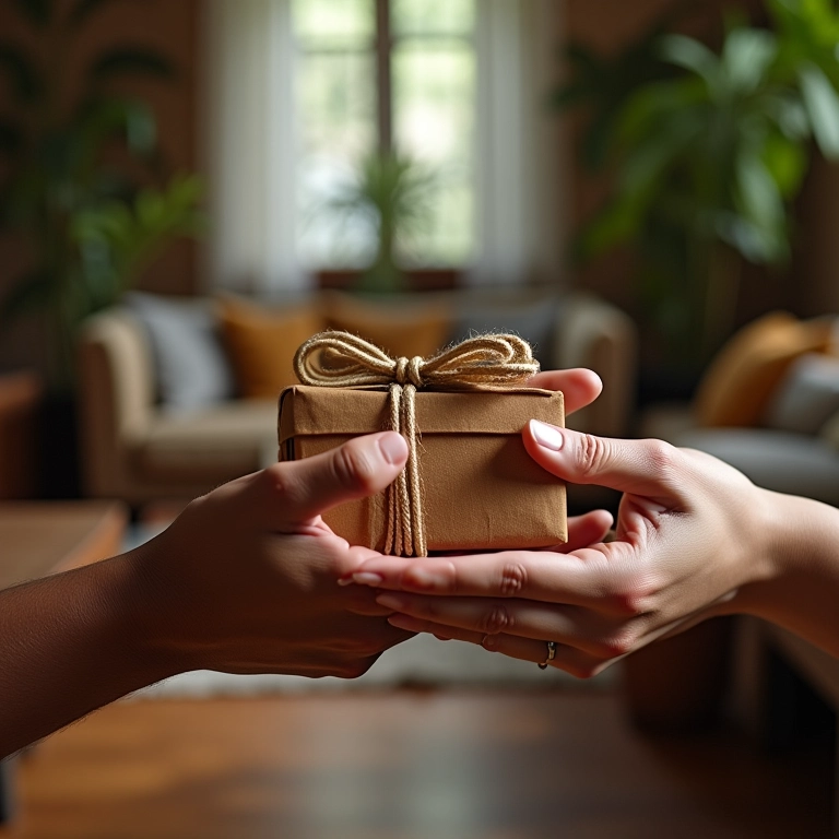 Mãos presenteando um escritor com um presente artesanal.