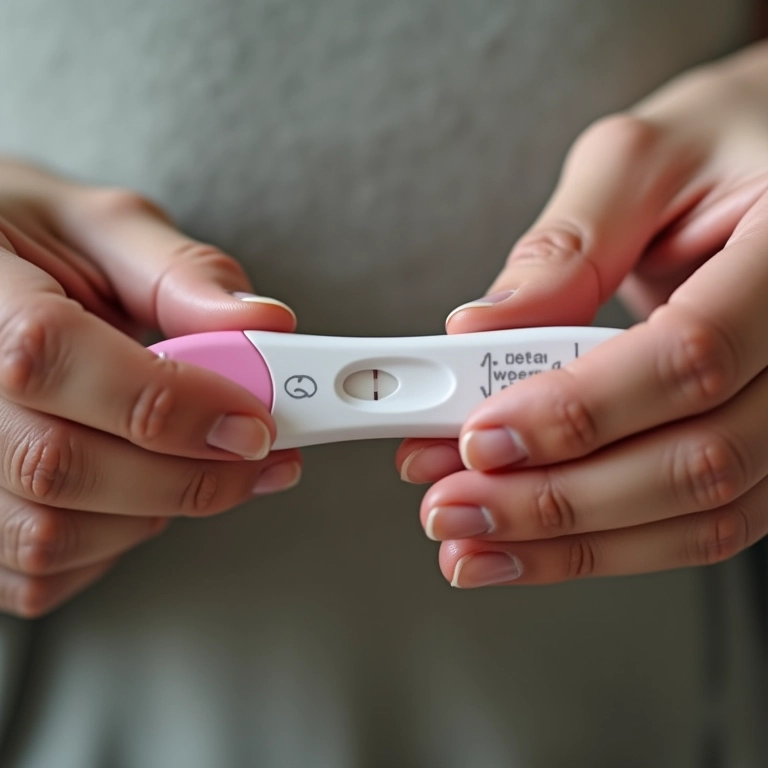 Mãos realizando um teste de gravidez de farmácia seguindo as instruções.