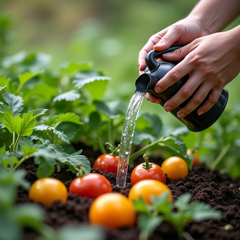 Mãos regando uma horta próspera com diversos vegetais, demonstrando cuidado extra.