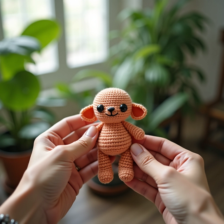 Mãos seguindo um guia passo a passo para criar um amigurumi de bichinho.