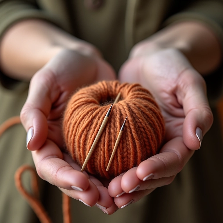 Mãos segurando agulhas de tricô de diferentes tamanhos.