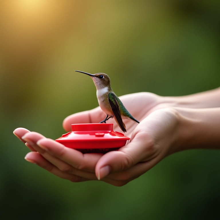 Mãos segurando comedouro para beija-flor, simbolizando conexão espiritual e cuidado.
