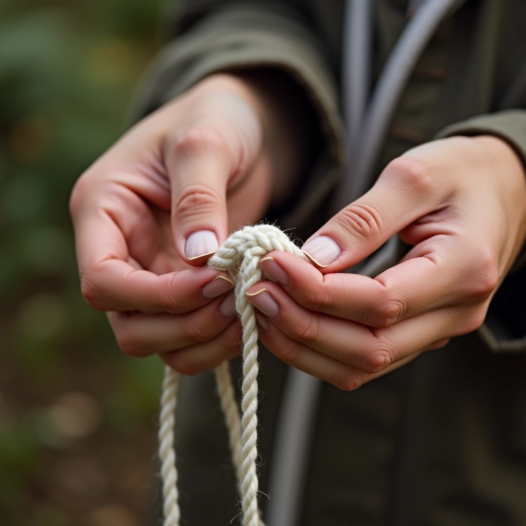 Mãos segurando cordão inadequado para macramê.