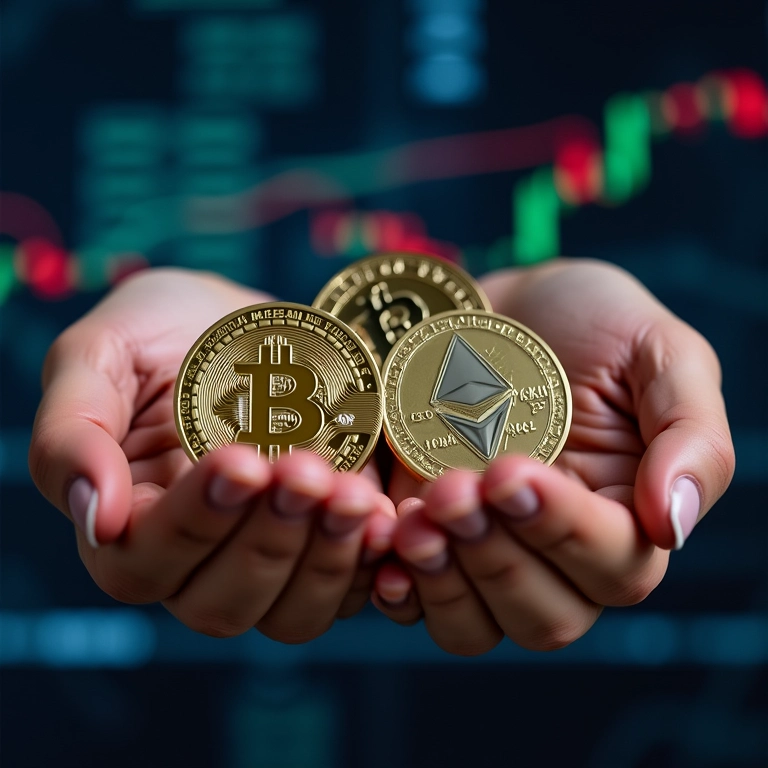 Mãos segurando criptomoedas em frente a gráficos financeiros.