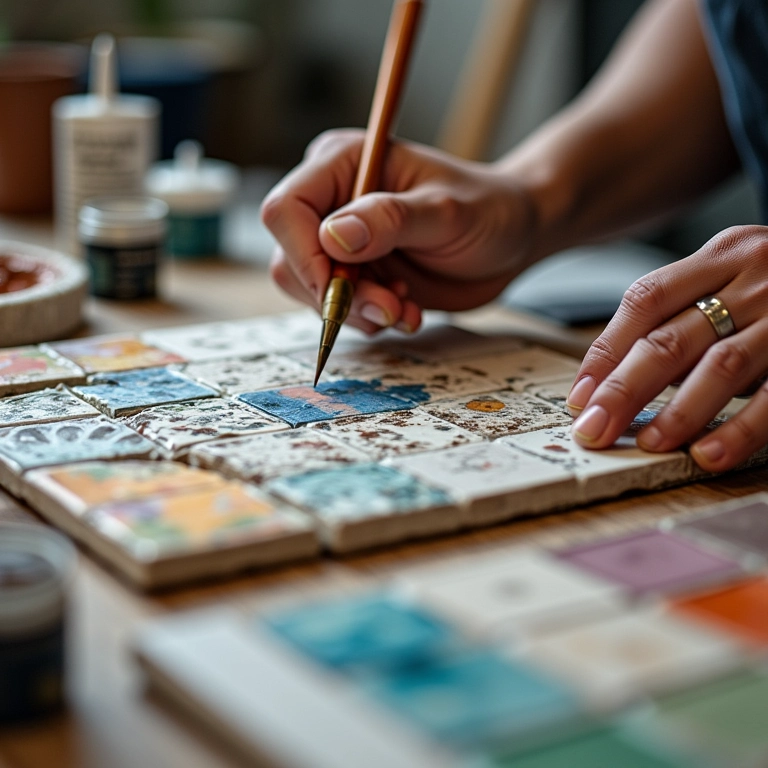 Mãos segurando pincéis, azulejos e tintas para pintura em cerâmica.