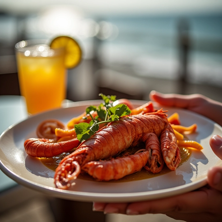 Mãos segurando prato com frutos do mar frescos em restaurante de praia.