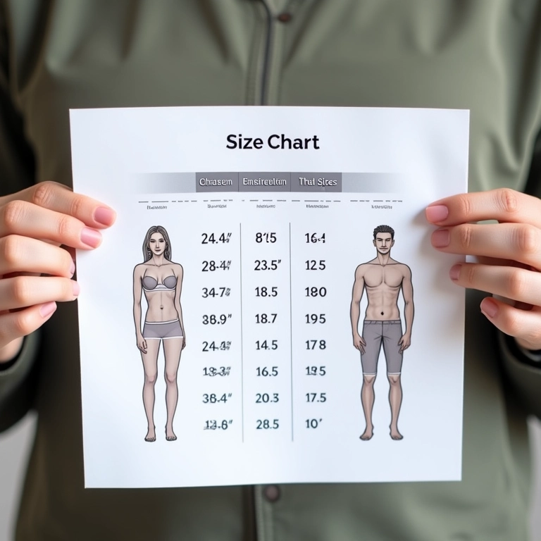 Mãos segurando tabela de medidas de roupas para comparar tamanhos.