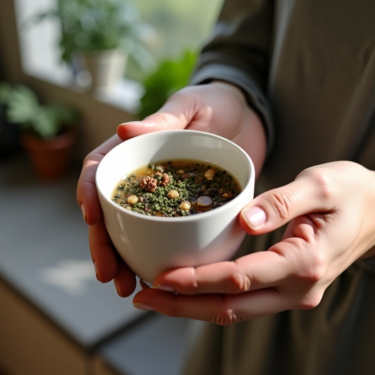 Mãos segurando xícara de chá com plantas aromáticas.