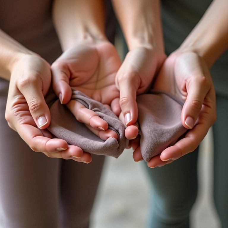 Mãos sentindo a textura de diferentes tecidos de legging.