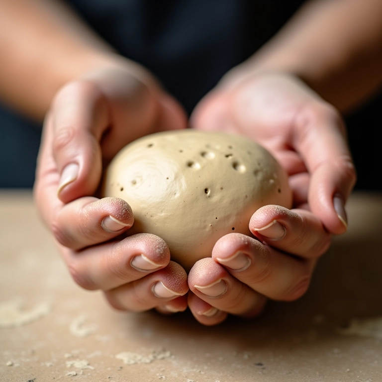 Mãos sovando massa de biscuit com bolhas de ar visíveis.