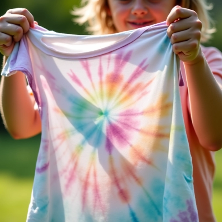 Mãos tingindo camiseta branca com técnica tie-dye em ambiente externo ensolarado.