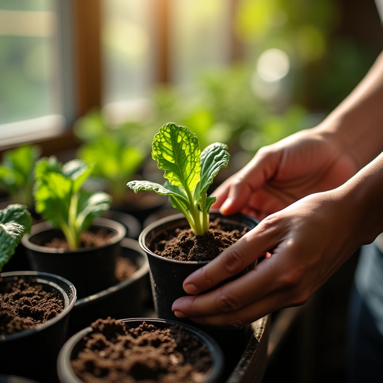 Mãos transplantando mudas de couve para pequenos vasos.