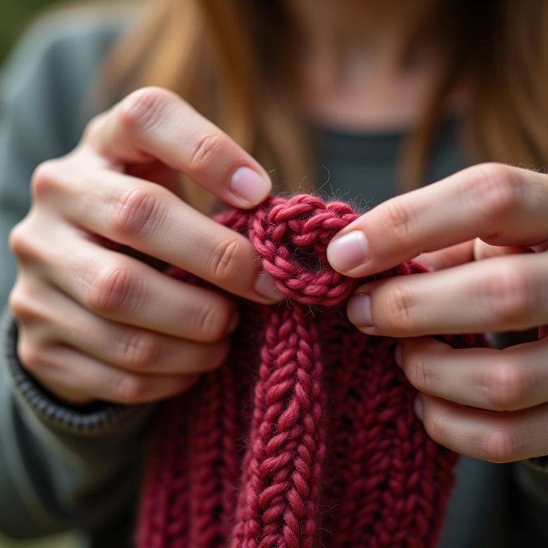 Mãos tricotando o ponto tricô, o avesso do meia.