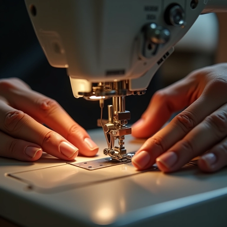 Mãos trocando agulha de máquina de costura