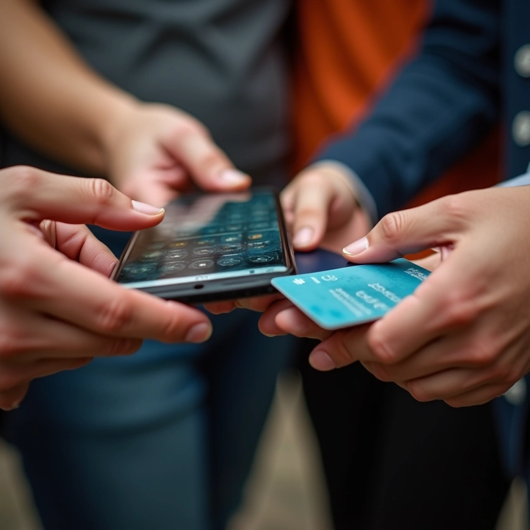 Mãos trocando smartphones exibindo transações financeiras digitais.