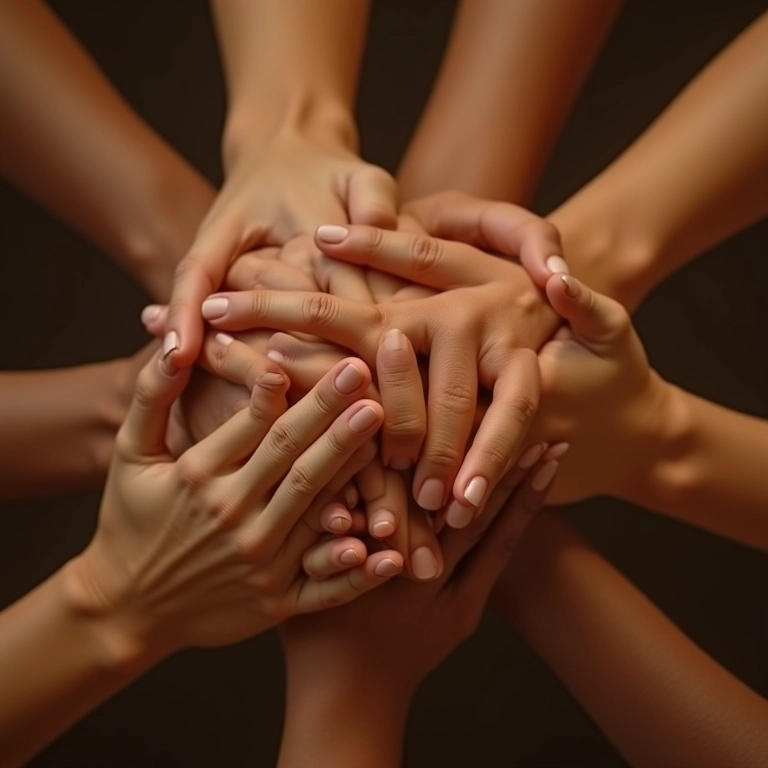 Mãos unidas de mulheres brasileiras, simbolizando respeito e empatia.