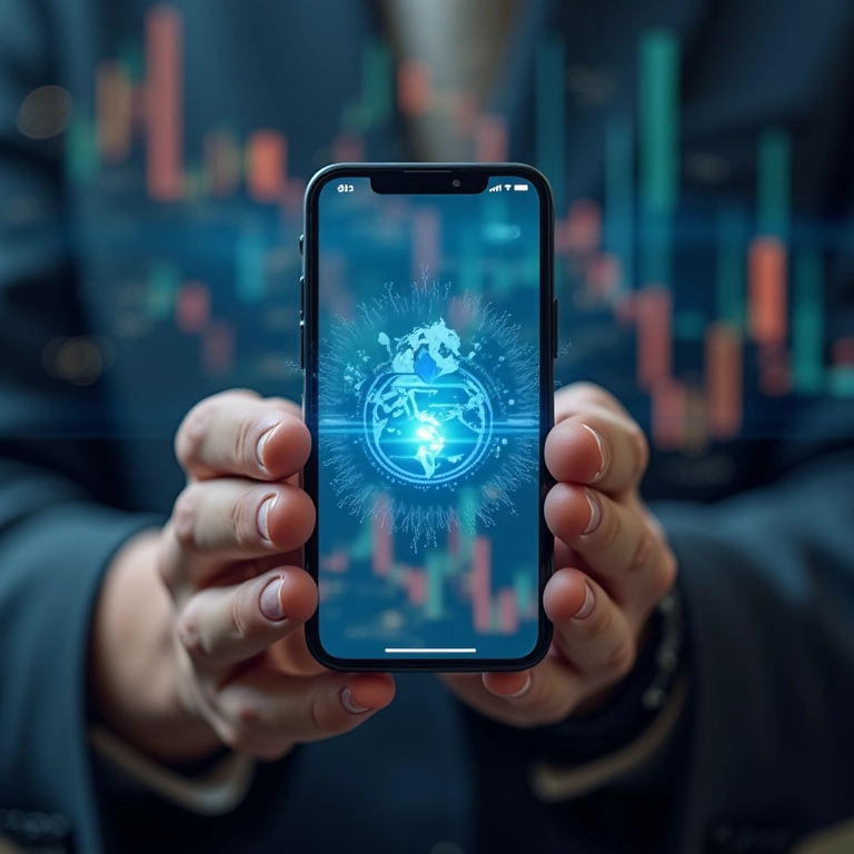 Mãos usando app para automatizar investimentos.