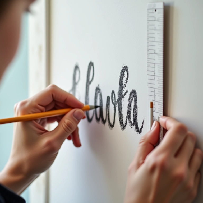 Mãos usando lápis, borracha e régua para esboçar design de lettering na parede.