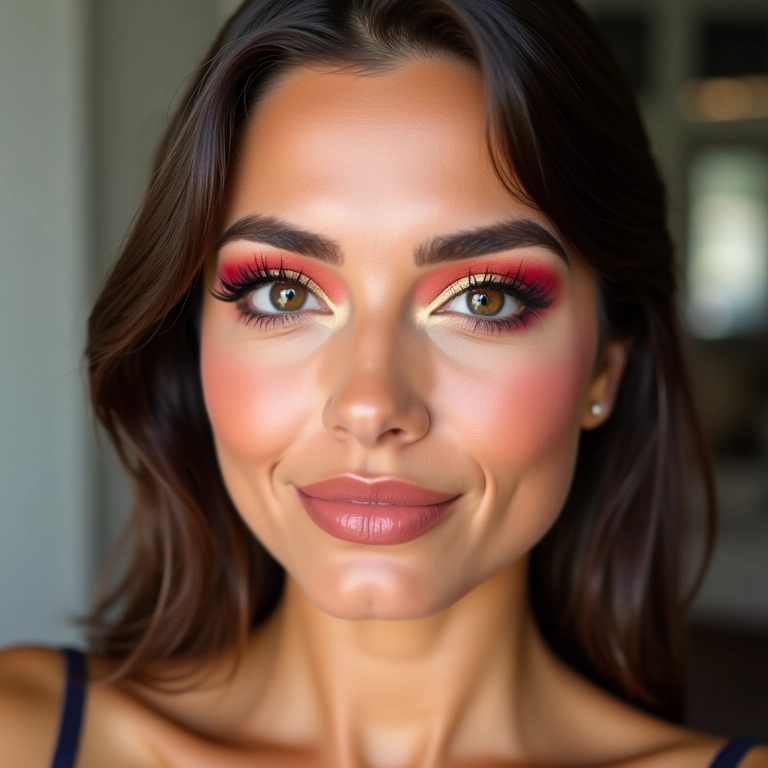 Maquiagem colorida e vibrante para olhos amendoados.