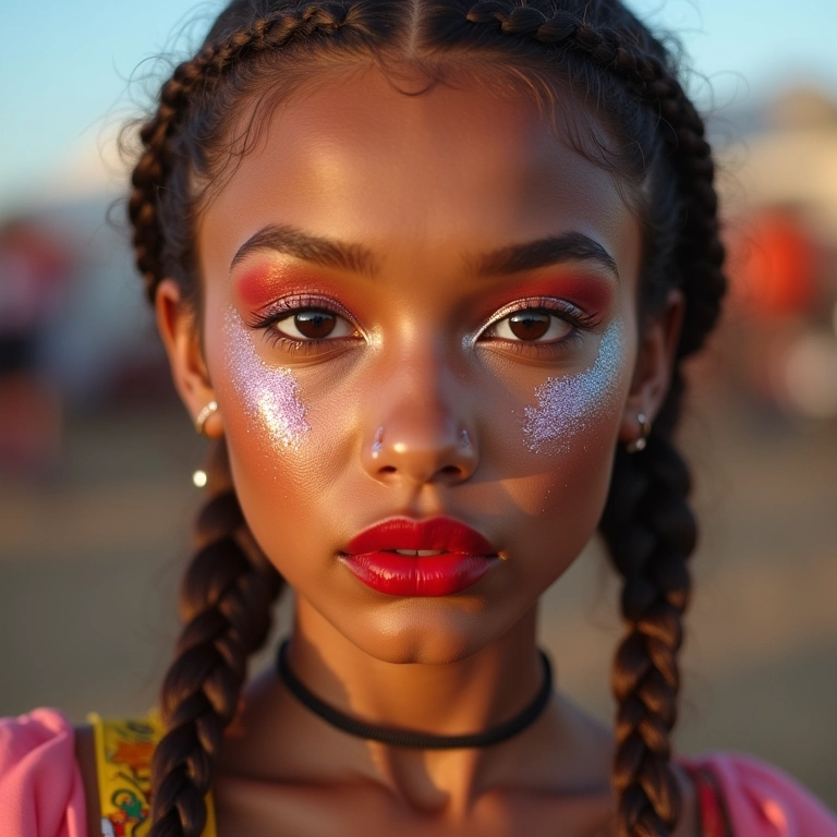 Maquiagem com glitter e batom vibrante, cabelo trançado para festival.
