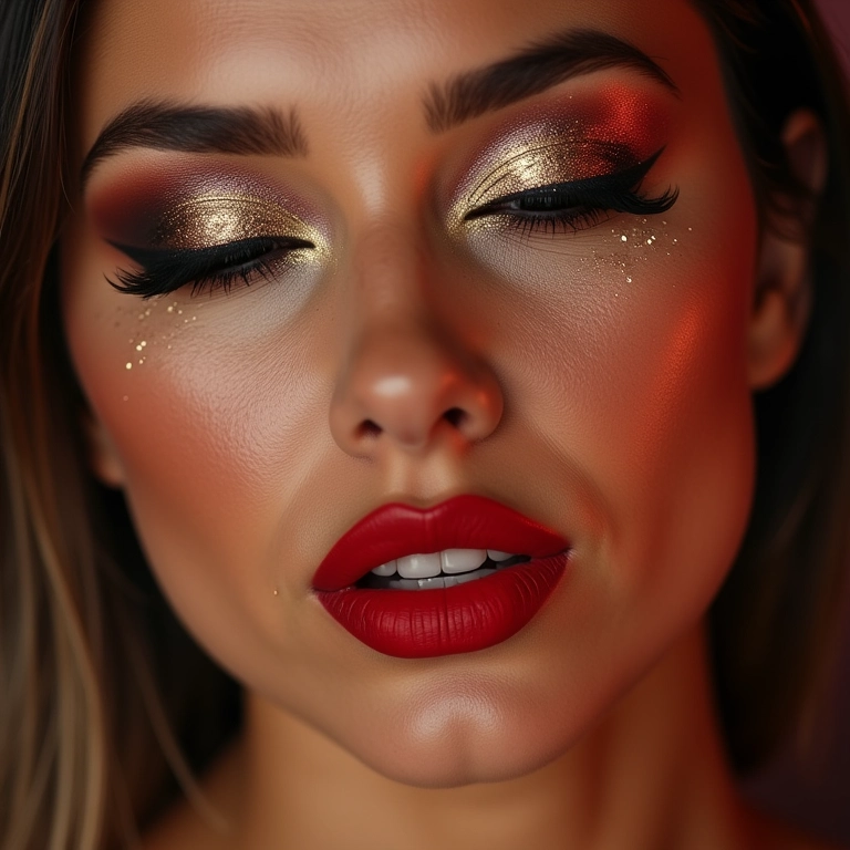 Maquiagem festiva de Ano Novo com glitter e batom vermelho.