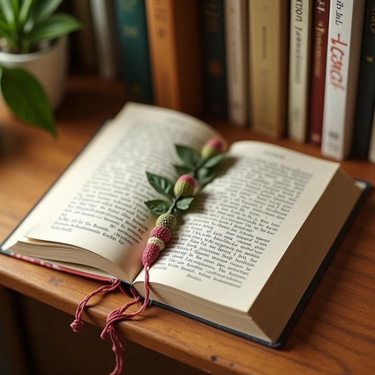 Marcador de páginas de macramê em um livro aberto em um cantinho de leitura aconchegante.