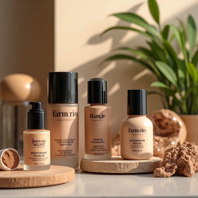 Marcas de bases populares no Brasil exibidas em uma mesa de maquiagem.