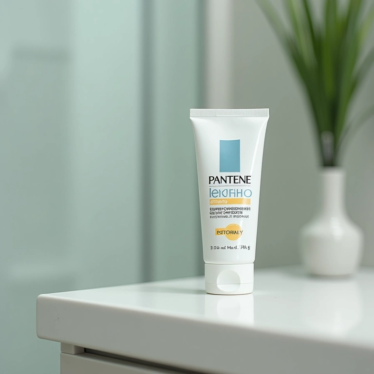 Máscara Pantene Brilho Extremo em prateleira de banheiro.