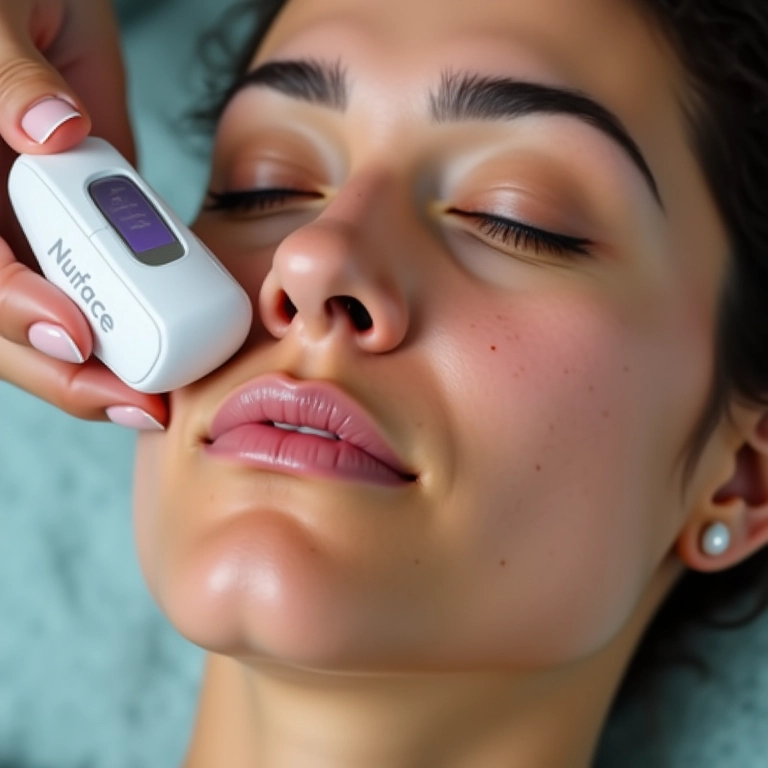 Massageador facial com microcorrente Nuface Mini sendo usado no rosto de uma mulher.