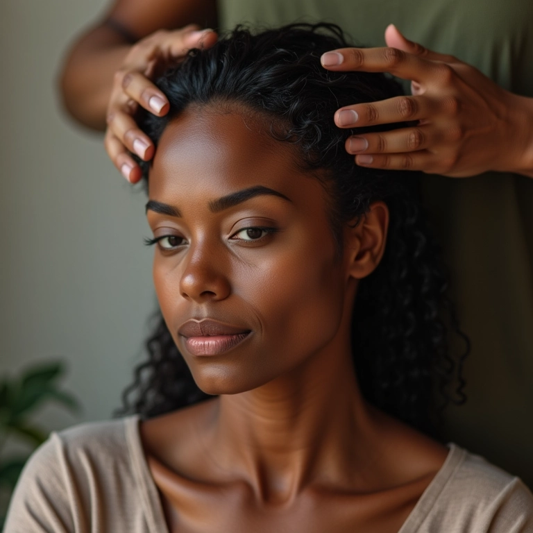 Massagem no couro cabeludo com óleo de alecrim para estimular a circulação.