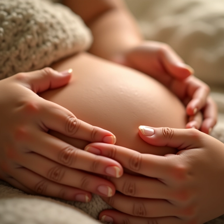 Massagem Shantala sendo realizada na barriga de um bebê.