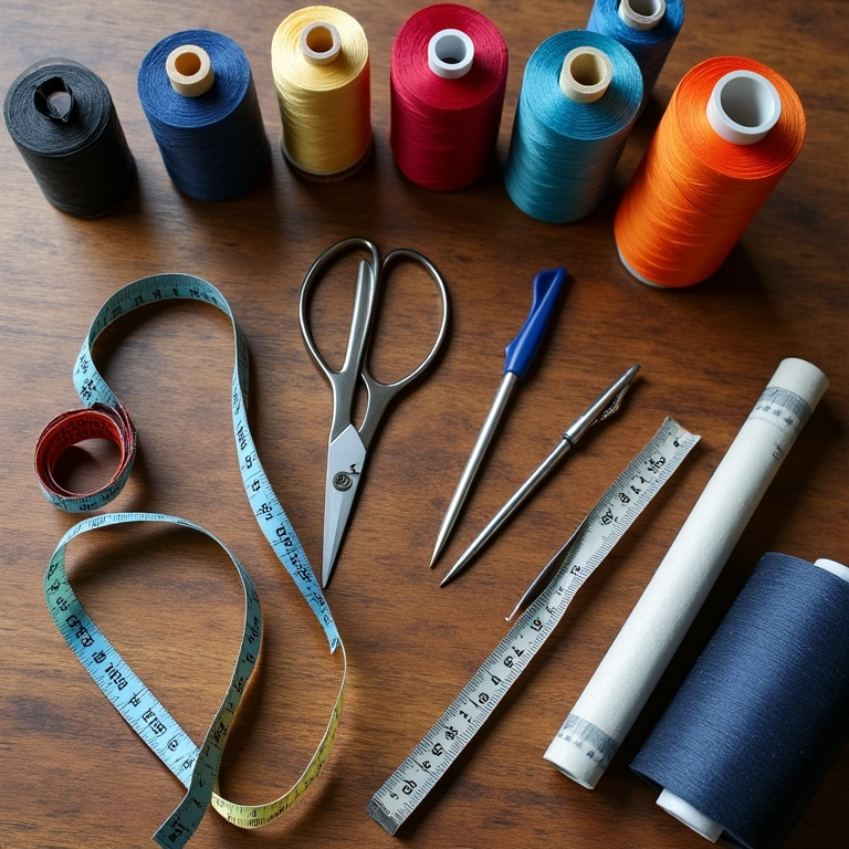 Materiais básicos de costura organizados em mesa de madeira: linhas, tesouras, fita métrica.